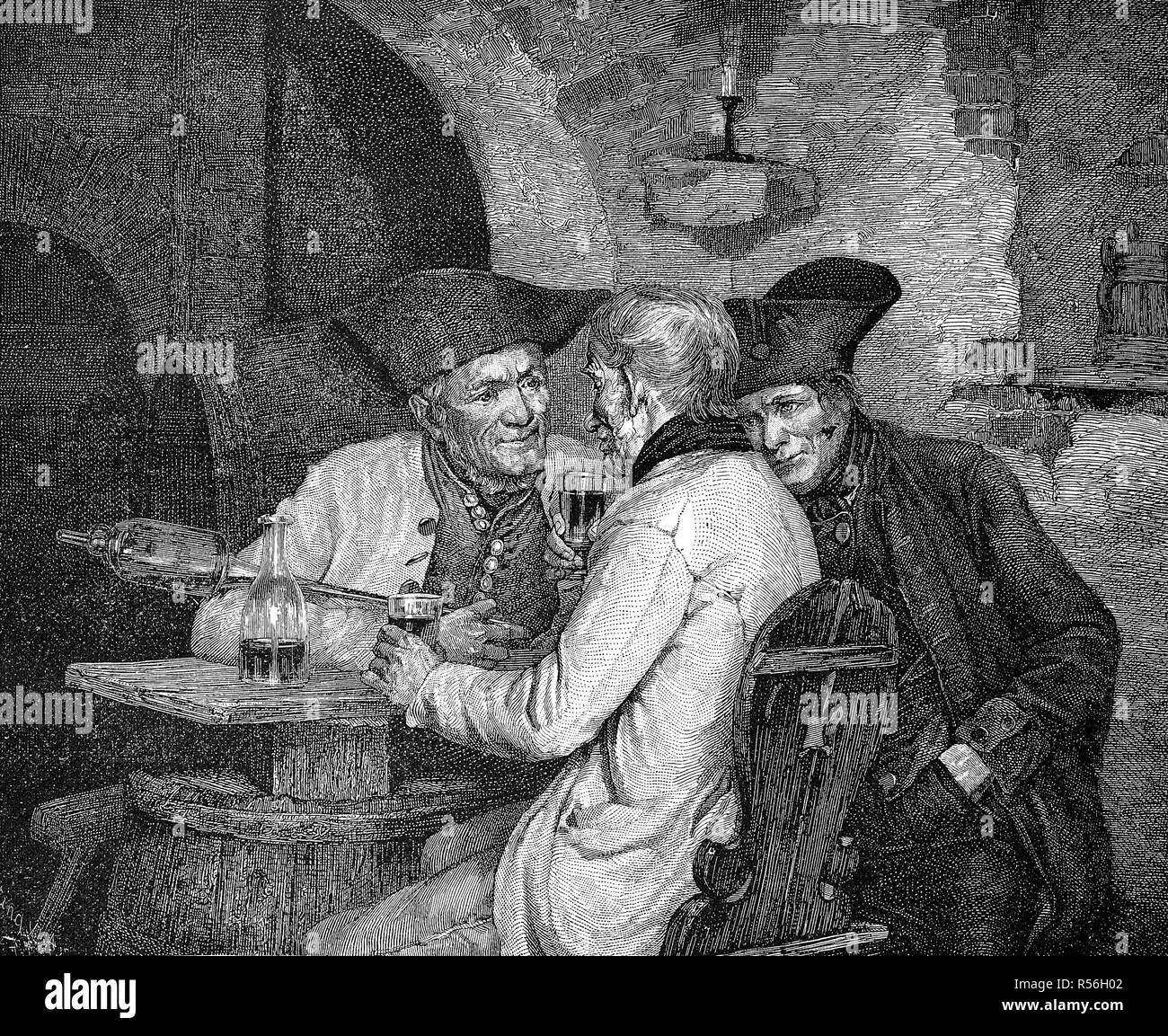 La persuasion, trois hommes asseoir ensemble à un petit bureau et de parler, woodcut, France Banque D'Images