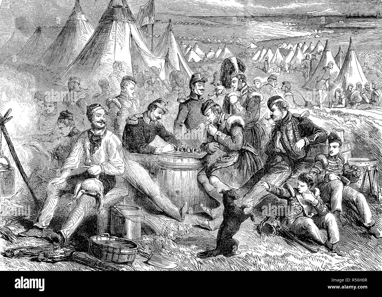 Guerre de Crimée 1853-1856, passe-temps et du divertissement dans le camp anglais à la Crimée, woodcut, Russie Banque D'Images