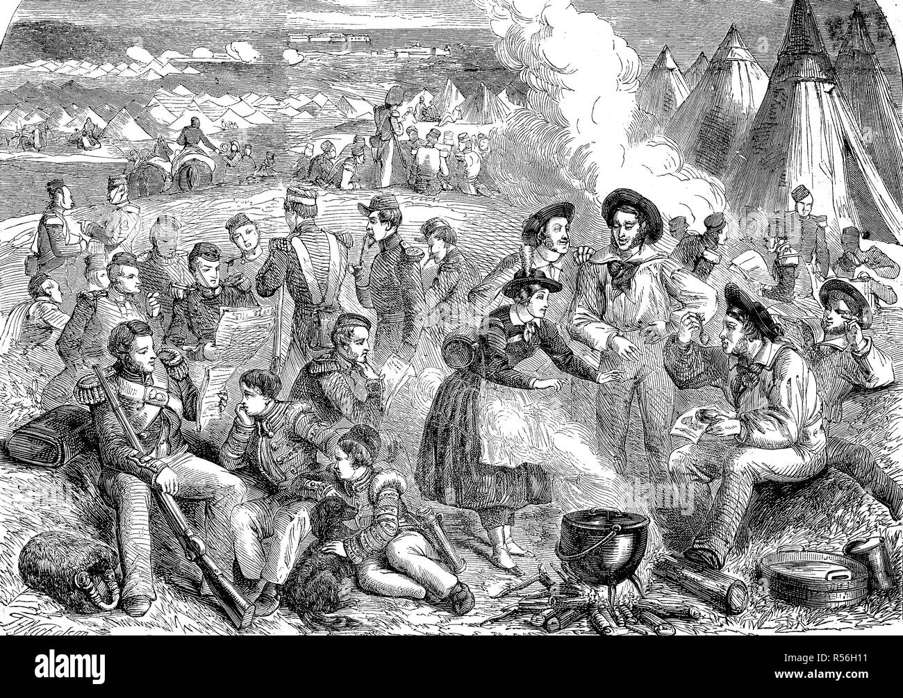 Guerre de Crimée 1853-1856, l'arrivée de la poste dans le camp anglais, woodcut, Angleterre Banque D'Images