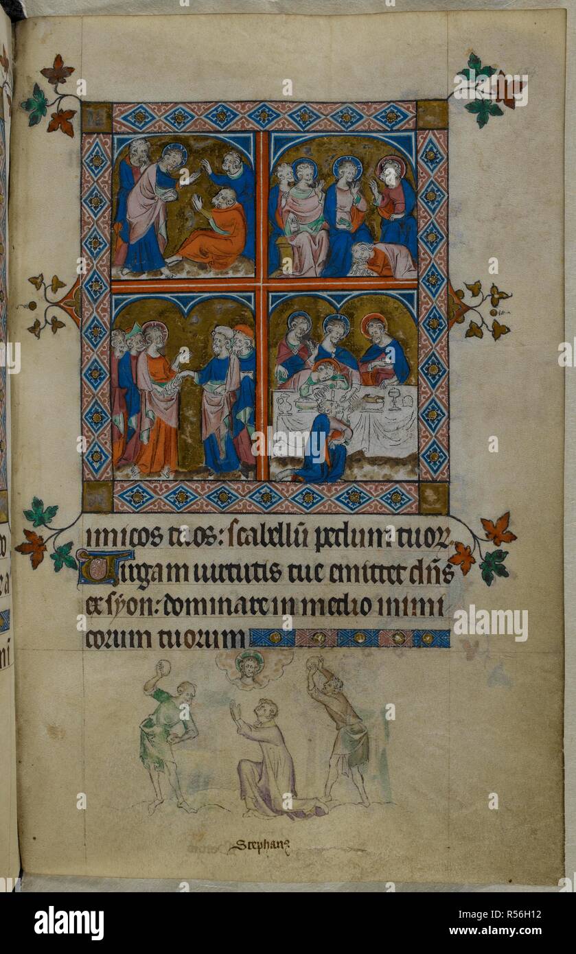 Quatre-partie miniature, avec des scènes de la vie du Christ, y compris la guérison du Christ aux yeux de Bartimée, le lavage des pieds du Christ par Marie de Magdala, contestant le Christ, et le Christ de donner à ronger à Judas. Un bas-de-page scène du martyre de Stephen. Psautier ('Le psautier de la Reine Mary"). Angleterre (Londres/Westminster ou East Anglia ?) ; entre 1310 et 1320. Source : Royal 2 B. VII, f.234. Langue : Français de l'Amérique latine, avec les légendes des images. Banque D'Images