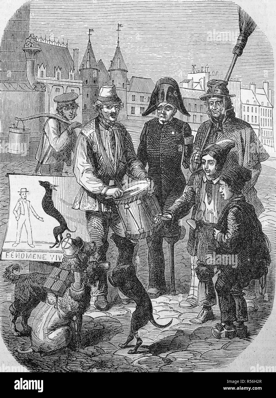 Cirque de rue, docile chien sans pattes, astuces, 1870, gravure sur bois, Angleterre Banque D'Images