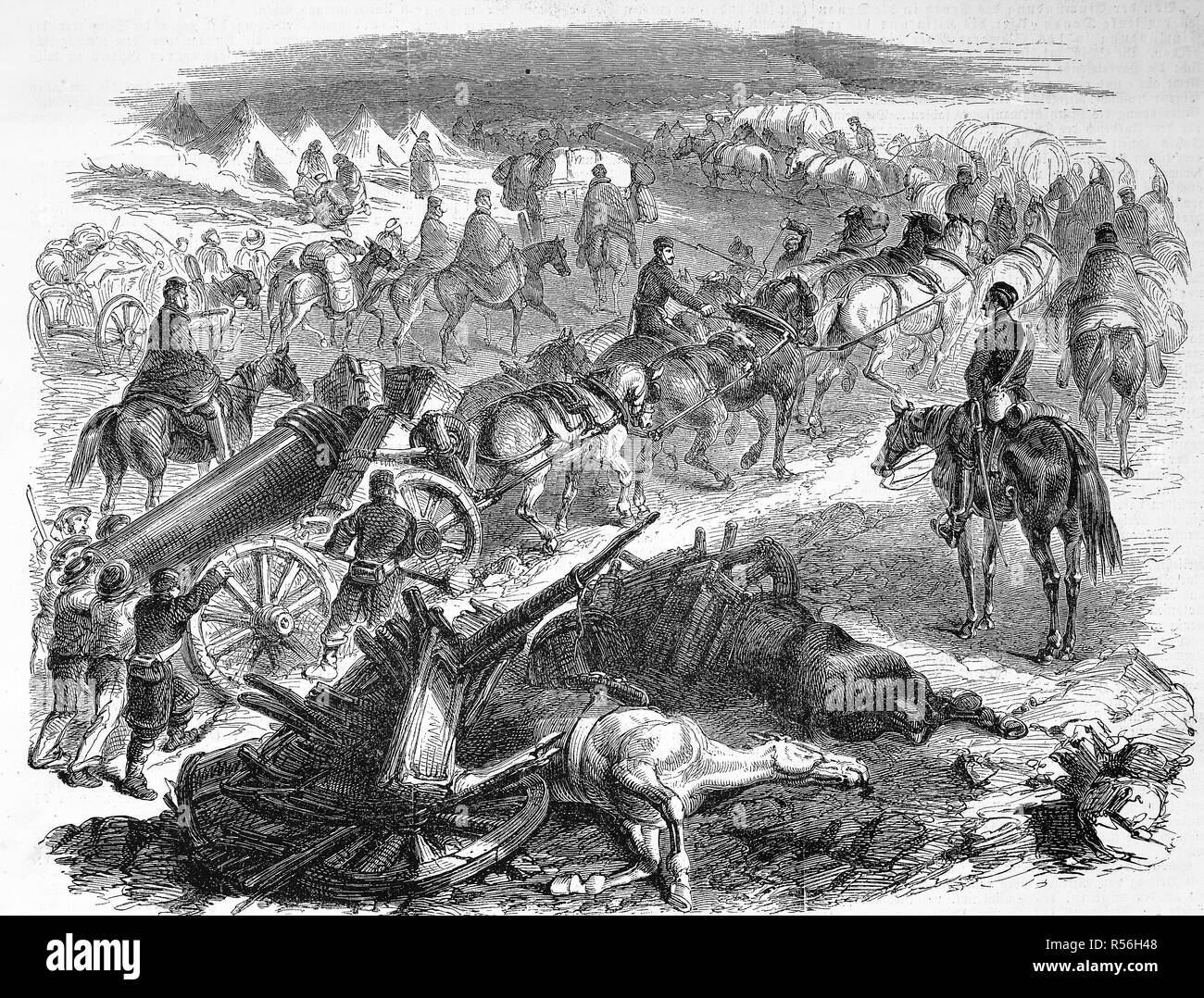 Guerre de Crimée, convoi anglais avec assurance et de l'artillerie, vient de la port de Balaklava, 1855, gravure sur bois, Angleterre Banque D'Images
