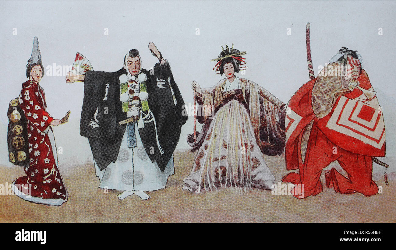 Les vêtements, la mode historique au Japon, les acteurs Japonais dans les figures de l'ancien stade japonais, illustration, Japon Banque D'Images