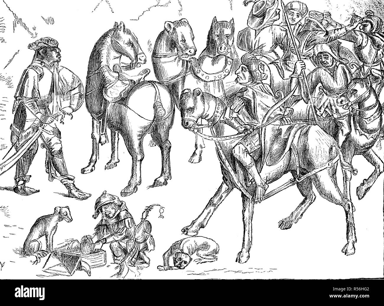 L'illustration la plus ancienne des guerriers turcs, dessin à la main à partir de la 15e siècle, gravure sur bois, Allemagne Banque D'Images