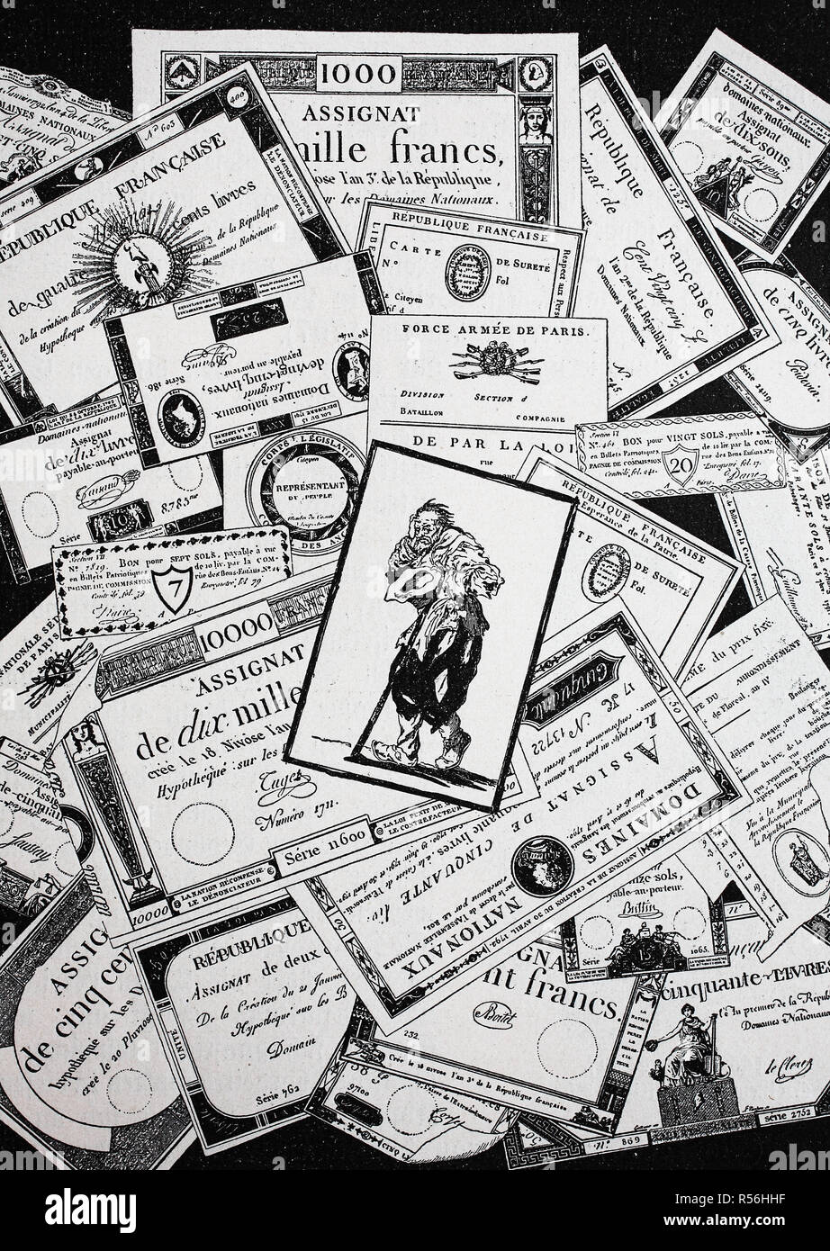 Assignats, monnaie de papier émise par l'Assemblée nationale en France de 1789 à 1796, au cours de la Révolution française, gravure sur bois Banque D'Images