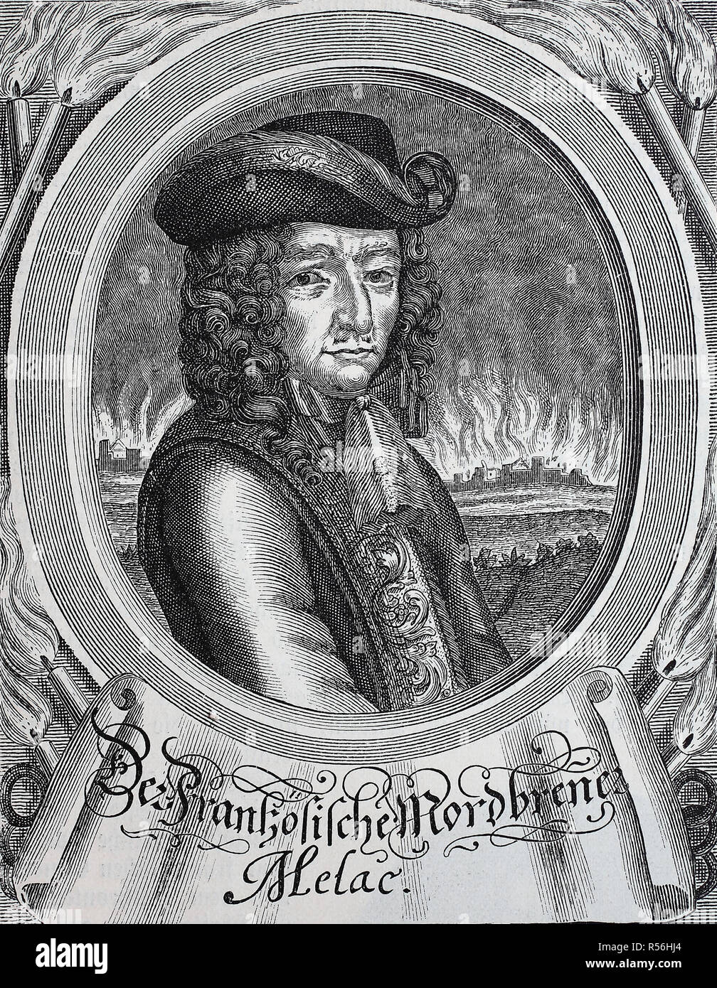 Le meurtre français torch Ezechiel du Mas, comte de Melac, autour de 1630, le 10 mai 1704, woodcut, France Banque D'Images