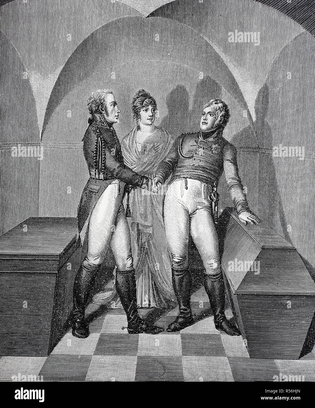 L'adieu Alexandre I de Friedrich Wilhelm III. et Luise au cercueil de Frédéric le Grand au Garnisionskirche de Banque D'Images