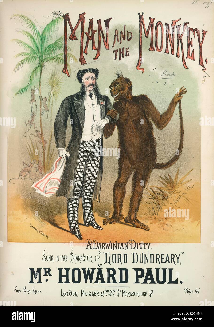 "L'homme et le singe". Un ditty darwinienne. Chantées dans le personnage de 'Lord Dundreary'. La musique illustre la couverture. . Un livre a été écrit renown'd. L'homme et le singe, un Darwinien ditty. Londres, [1873]. Source : H.1791.(13.). Auteur : Paul, Howard. Banque D'Images