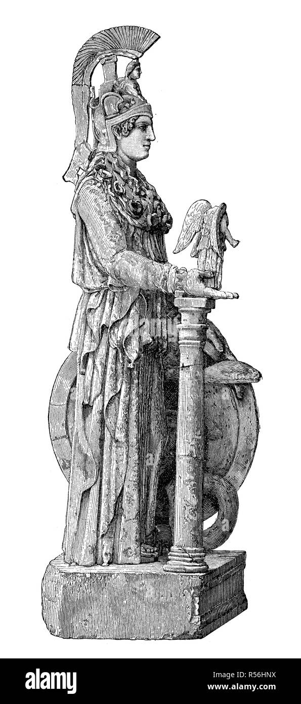 La statue de Penthelic en par Athena Parthenos, le Parthénon à Athènes, 1800, gravure sur bois, Grèce Banque D'Images