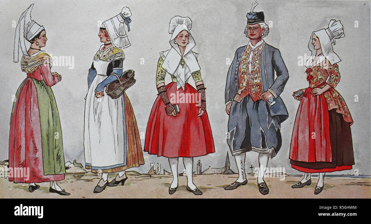 Les gens en costumes traditionnels, de la mode, costumes, vêtements en France au début du 19e siècle, illustration, France Banque D'Images