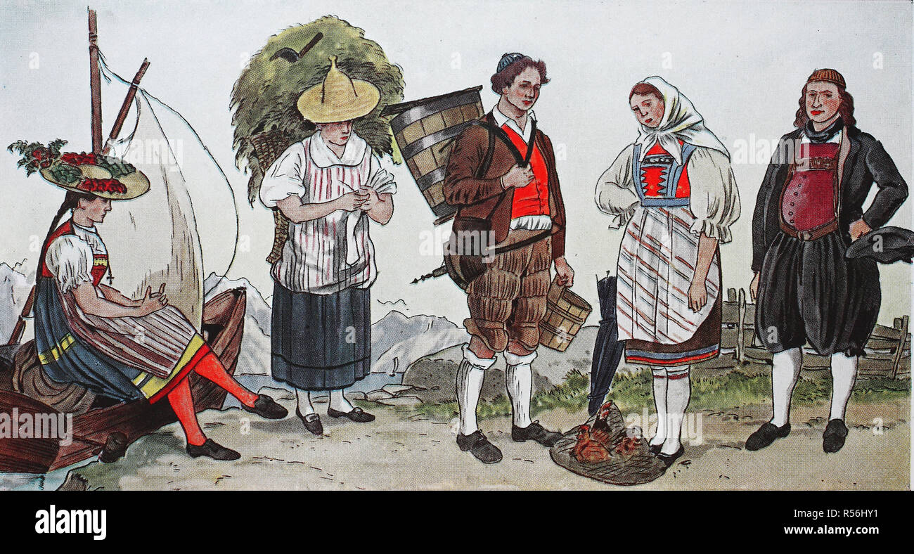 Les gens en costumes traditionnels, de la mode, costumes, vêtements en Suisse, début xixe siècle, illustration, Suisse Banque D'Images