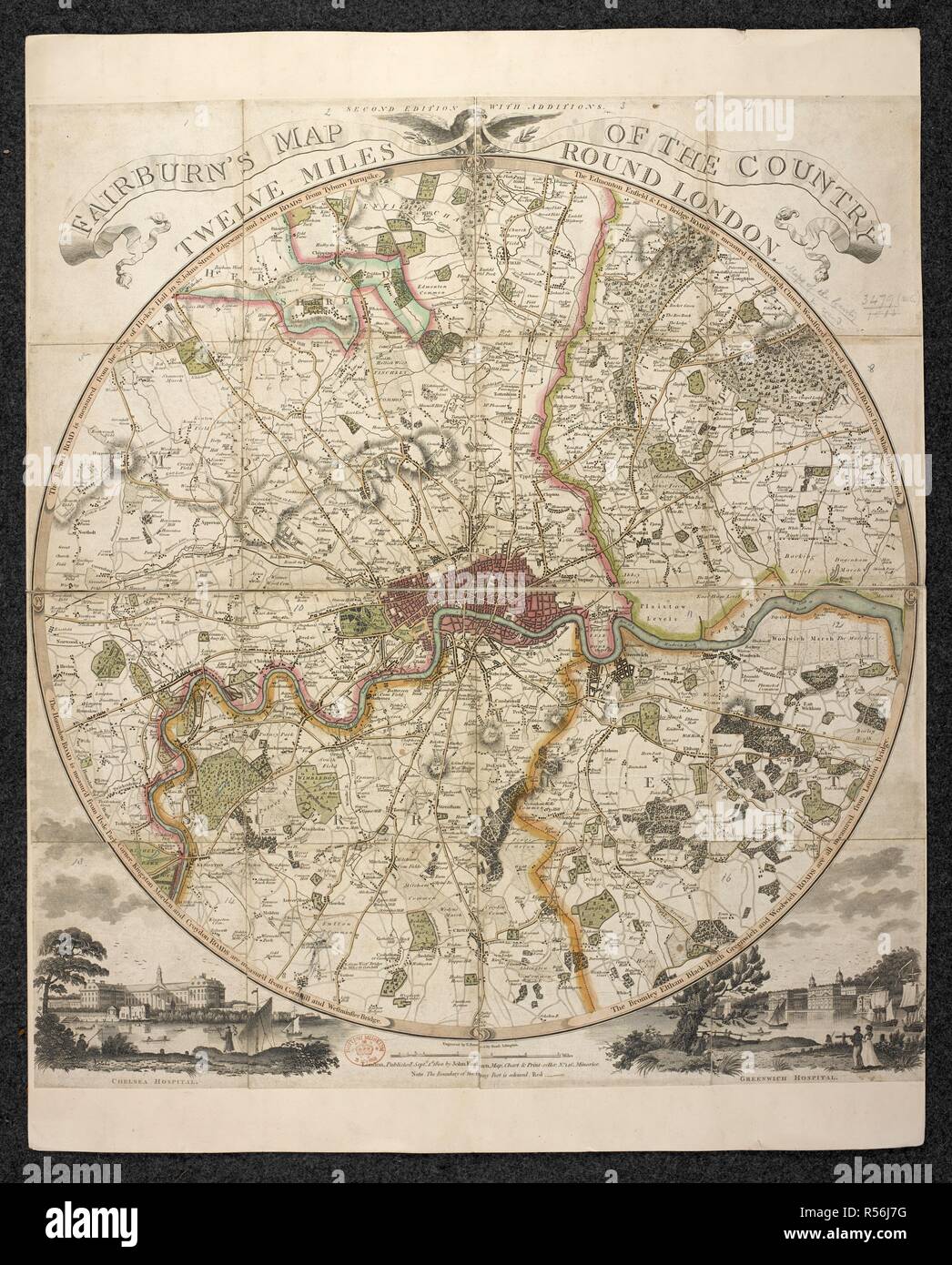 Fairburn's Carte du pays douze milles aller à Londres. Fairburn's Carte du pays douze milles aller à Londres. Deuxième édition, avec des ajouts. ([Avec Vue Sur] Greenwich et Chelsea les hôpitaux). Londres, 1800. Source : Cartes.*3479.(25). Auteur : John Fairburn. Banque D'Images