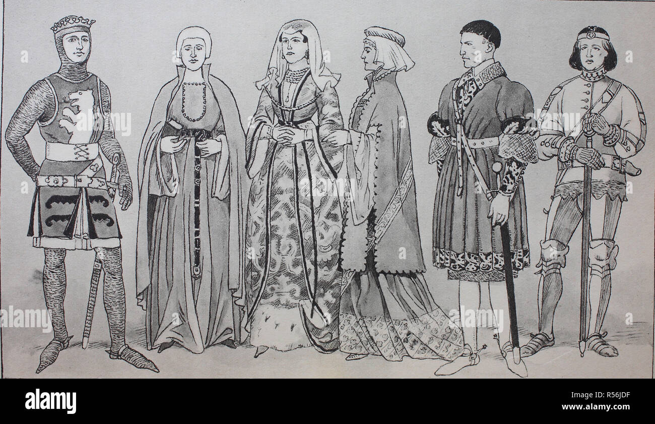 La mode, vêtements historiques en Espagne au Moyen Âge, 13e, 14e siècle, l'illustration, l'Espagne Banque D'Images