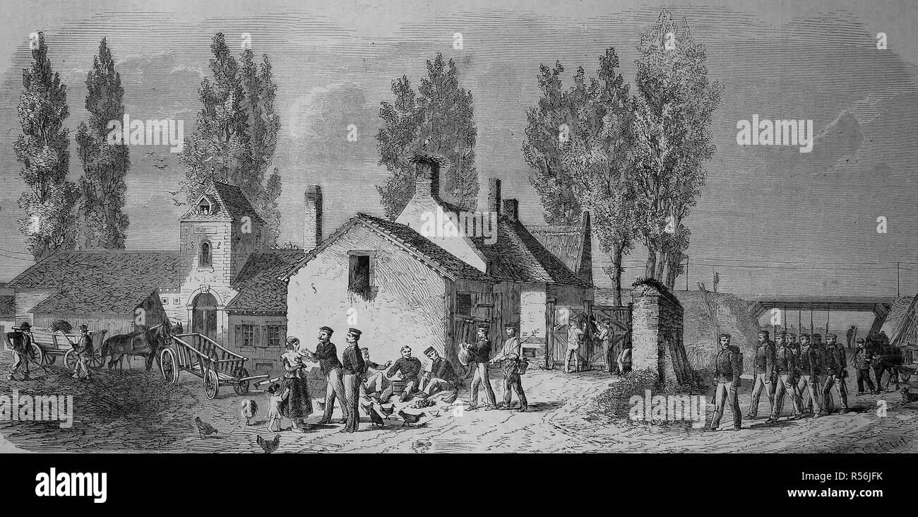 Avant-poste belge sur le viaduc ferroviaire sur la frontière franco-belge, la guerre franco-allemande de 1870/71, woodcut, France Banque D'Images