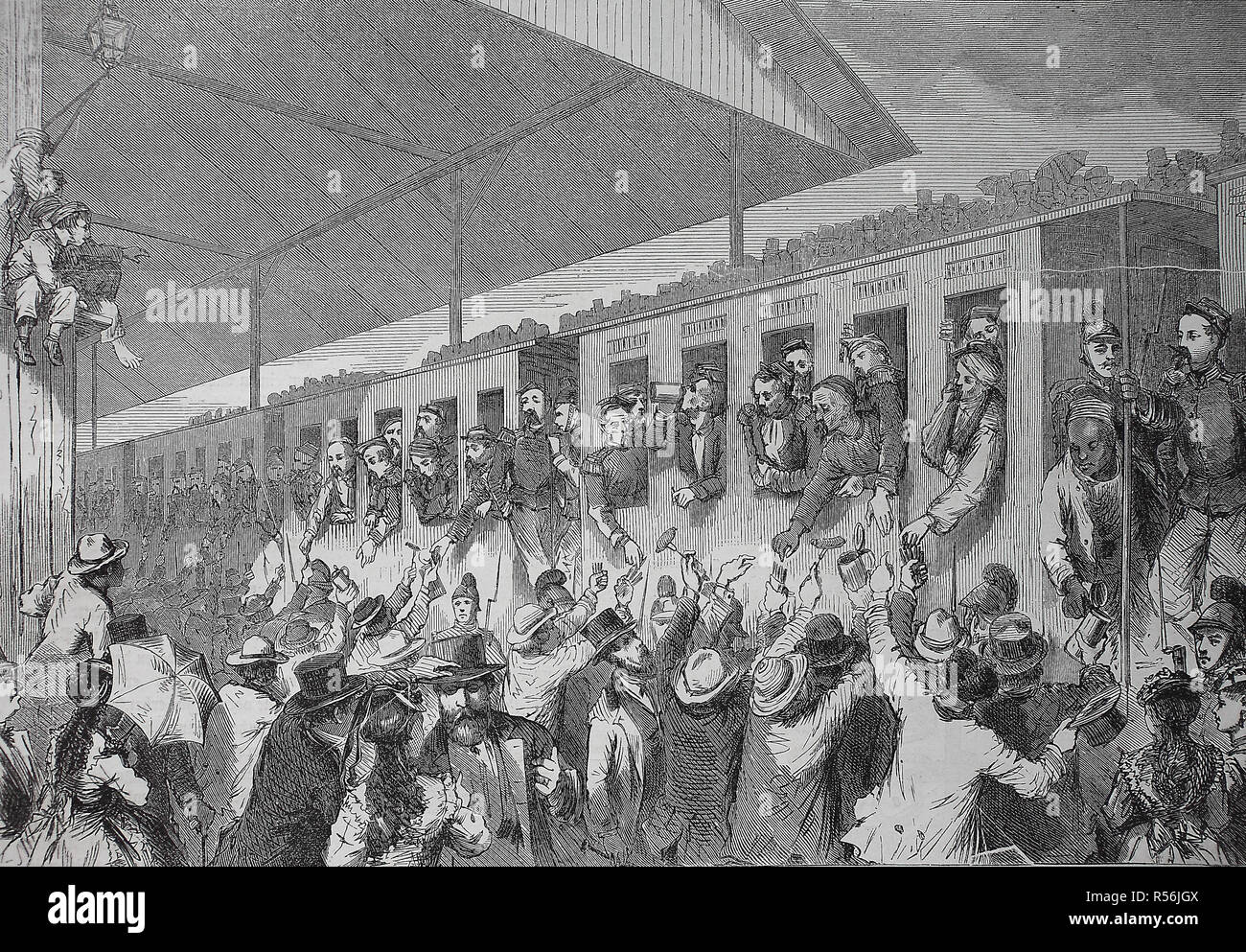 Les prisonniers de guerre français à la gare de Munich le 10 août, guerre de 1870 ou la guerre franco-allemande 1870/1871 Banque D'Images