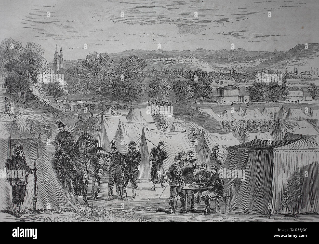 Camp suisse Bruderholz à près de Bâle, guerre de 1870 ou la guerre franco-allemande, woodcut, Suisse 1870/1871 Banque D'Images