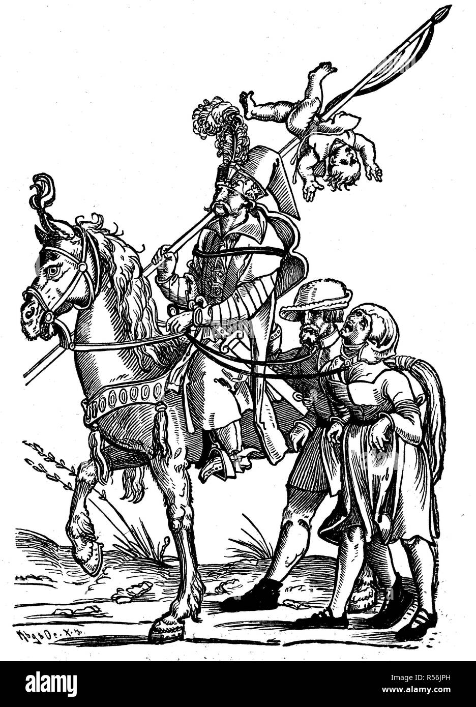 Guerrier turc à cheval avec les paysans autrichiens capturés depuis l'époque de la première défaite de Vienne par les Turcs, 1529 Banque D'Images