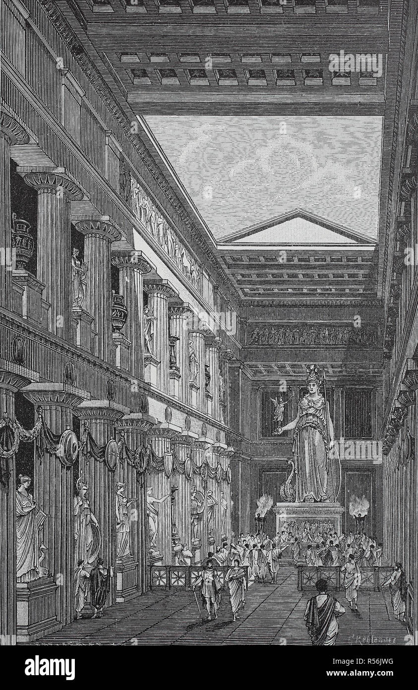 La statue d'Athéna Parthenos de Pheidias dans la cella du Parthénon, reconstitution par Rehlender, 1880, gravure sur bois, Grèce Banque D'Images