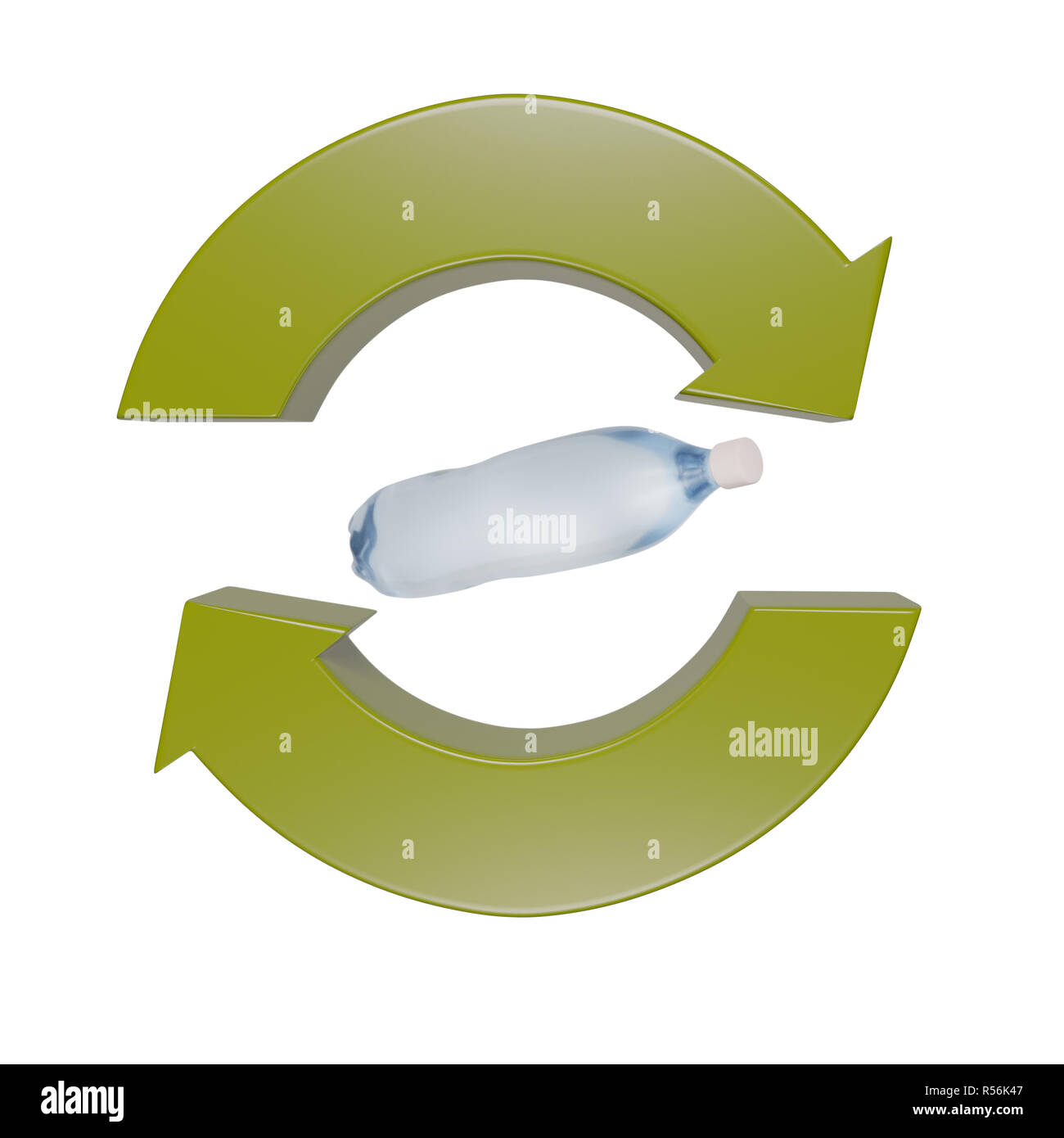 3D render of green deux touches symbole de recyclage avec l'intérieur de la bouteille PET sur fond blanc Banque D'Images