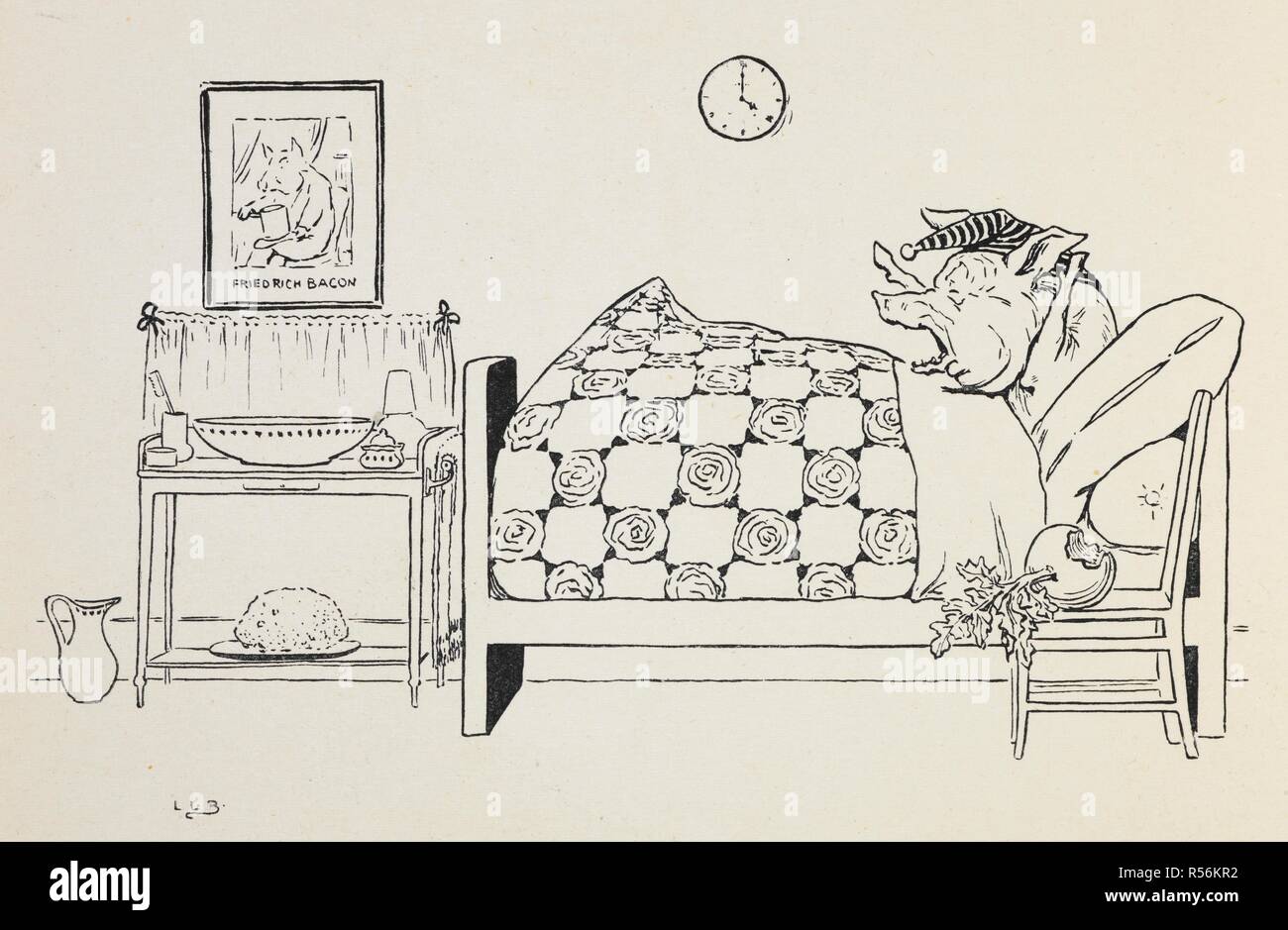 Un cochon dans le lit. L'Oie d'Or Livre : en cours de l'histoire de l'Oie d'Or, les trois ours, les 3 petits cochons, Tom Pouce. Avec de nombreux dessins en couleur et noir et blanc par L. L. Brooke. F. Warne & Co. : London & New York, [1905]. Source : 12812.b.52. Author : Brooke, L. Leslie. Banque D'Images