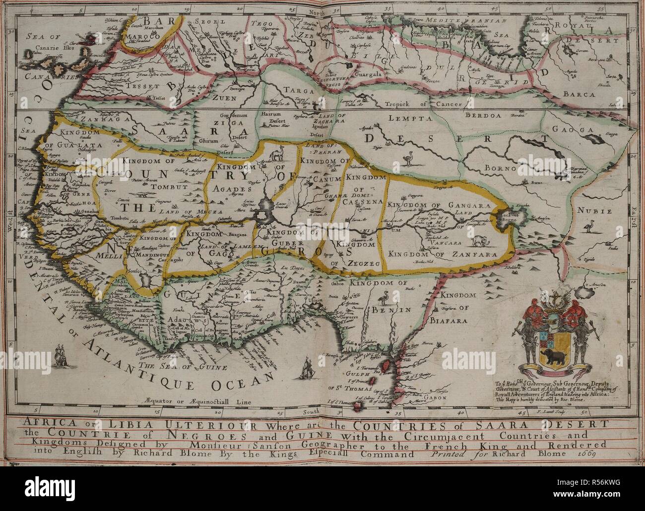 Carte de l'Afrique, montrant le désert du Sahara. L'Afrique ou Libia Ulteriour où sont les pays de Saara [ !] désert . . . Et Guinée avec le pays circumjacent et royaumes / Conçu par Monsieur Sanson . . . Rendus ; en Anglais par Richard Blome . . . 1669 ; F. Sculptures d'agneau. [Paris : R. Blome, 1670]. Source : C.39.d.2. Banque D'Images
