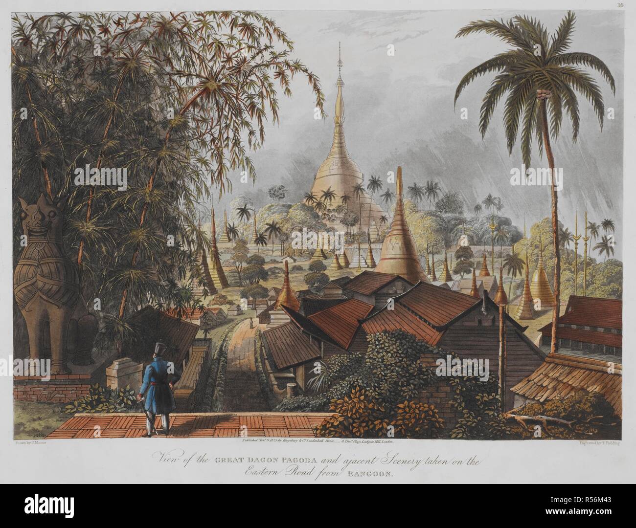 Voir "de la Grande Pagode de Dagon à Rangoon et le paysage adjacent à la grande route.". Dix-huit vues prises à Rangoon et près de ... Par Joseph Moore. (Gravé par T. Fielding, G. Hunt, H. Pyall). Londres : Kingsbury & Co., 1825. Source : Maps.15.e.26, la plaque 16. Banque D'Images