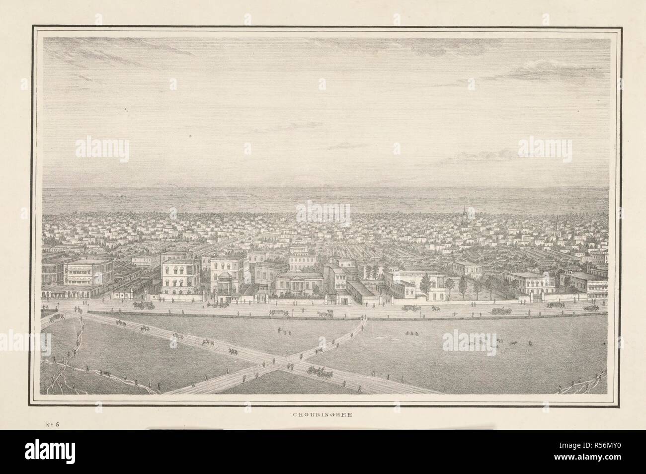 Chowringhee. Vue panoramique de Calcutta, 1847. Calcutta : T. Noir, l'Asiatique presse lithographique, 1847. Feuille 1 : fig.  ; 24 x 210 cm. plié à 24 x 17 cm. Source : V12765 no5. Auteur : Frédéric Fiebig. Banque D'Images