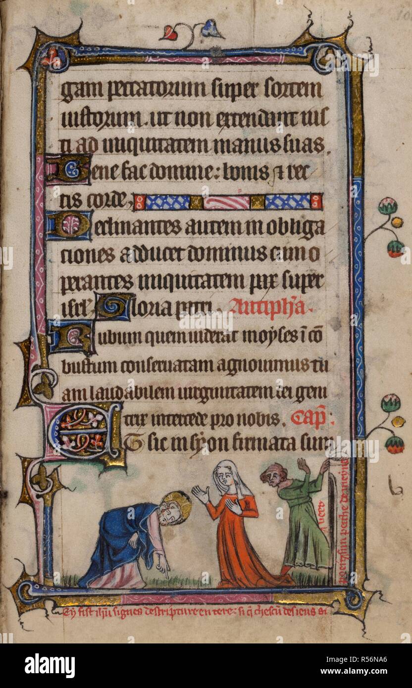 Bas-de-page scène de Christ, la flexion d'écrire avec son doigt sur le terrain, avec la femme adultère et l'un de ses ravisseurs le tournant de quitter, avec une légende de la lecture, "Cy fist ih[es]u signes descripture en tere. If q[e] chescu[n] des ieus si poeit de meyneâ pecche sun veer€™ . Livre d'heures, l'utilisation de Sarum ('Le Taymouth heures'). L'Angleterre, S. E. ? (Londres ?) ; 2e trimestre du 14ème siècle. Source : Yates Thompson 13, f.101. Langue : le latin et le français. Banque D'Images