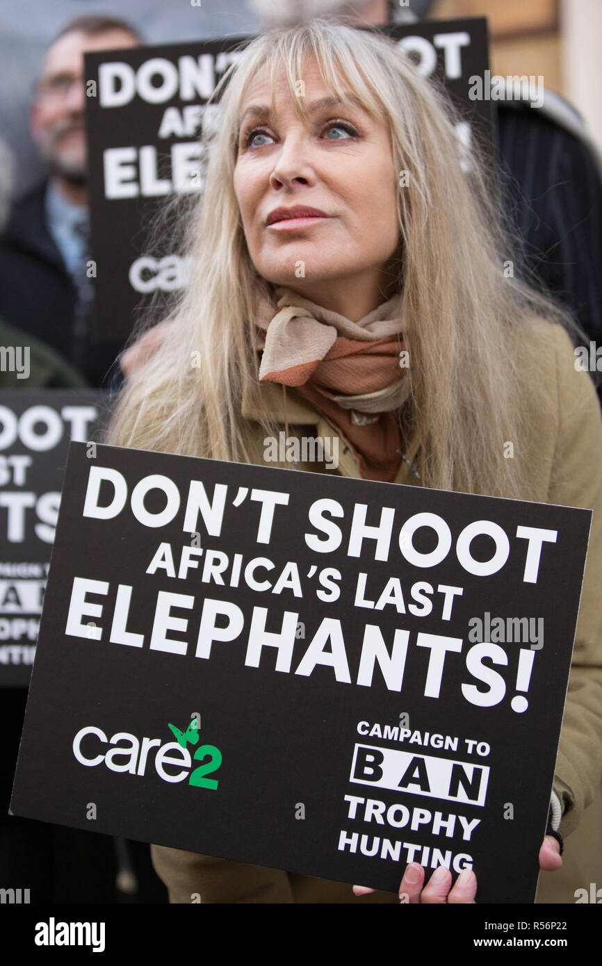 Une protestation et de l'exécution d'un 250 000-strong pétition au Botswana Haut-commissariat du Canada à Londres. Sir Ranulph Fiennes, Bill Oddie, Peter Egan, Carol Royle, un groupe multipartite de députés avec éléphant gonflable portant le slogan "Don't Shoot dernière l'Afrique éléphant". Avec : Carol Royle Où : London, Royaume-Uni Quand : 29 Oct 2018 Credit : Wheatley/WENN Banque D'Images