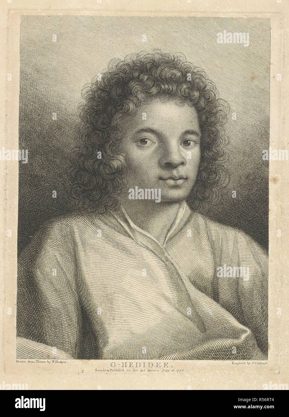 O-Hedidee. Tirée de la nature par William Hodges et gravé par J. Caldwall. Tête et épaules vue d'un jeune homme de Tahiti Borabora. . Une collection de dessins par A. Buchan, S. Parkinson, et J. F. Miller, réalisés dans les pays visités par le capitaine James Cook dans son premier voyage [1768-1771], également d'impressions publié dans ses voyages de John Hawksworth Biron [Byron], Wallis et Cook [1773], ainsi que dans la deuxième et troisième voyages [1772-1775, 1776-1780]. 1768-1780. Deuxième voyage du capitaine Cook. Source : Add.23921 f.46. Banque D'Images