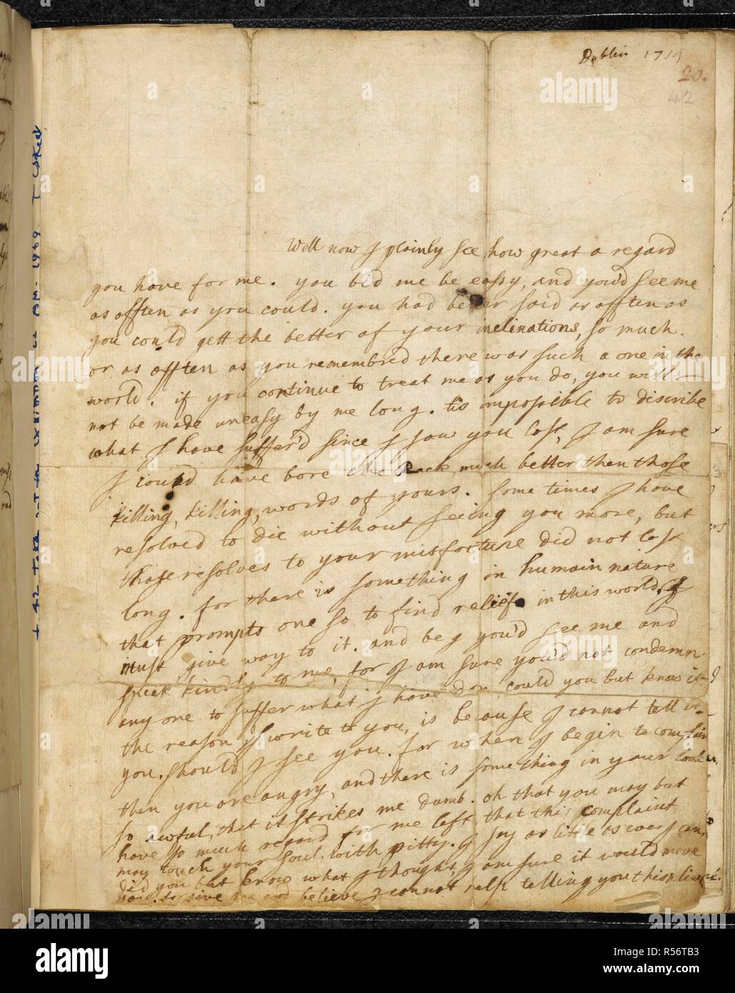 Lettre de Vanessa [Esther Van Homrigh] de Jonathan Swift. Extrait d'une lettre : 'J'aurais pu ennuyer le rack beaucoup mieux que ceux de tuer, de tuer les mots.'. JONATHAN SWIFT ; correspondance avec Esther Vanhomrigh Vanessa (''), 1711-1722. 1714. Source : ajouter. 39839, f.42. Banque D'Images
