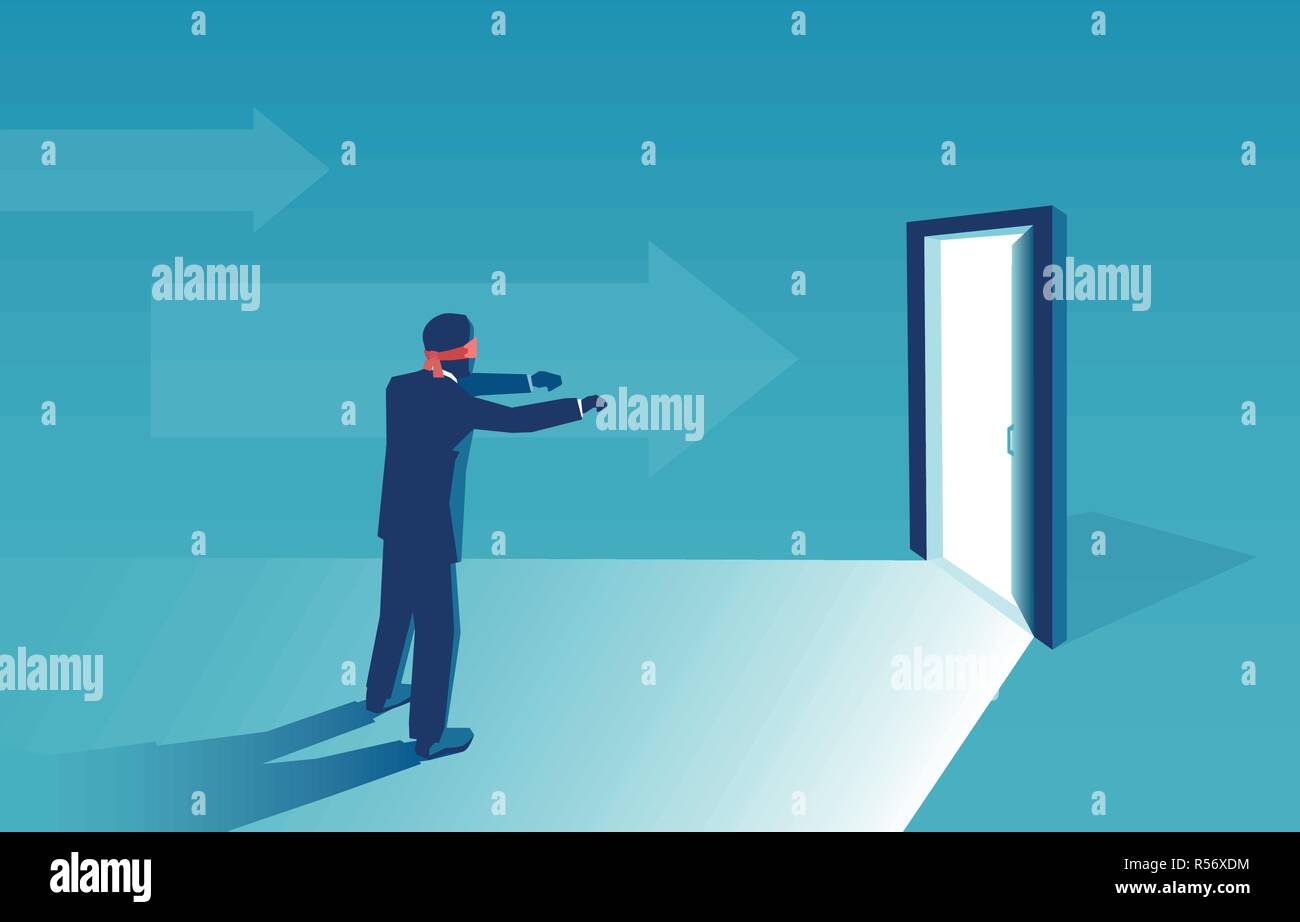 Vecteur d'un homme bandé les yeux mis au défi de trouver une nouvelle solution Illustration de Vecteur