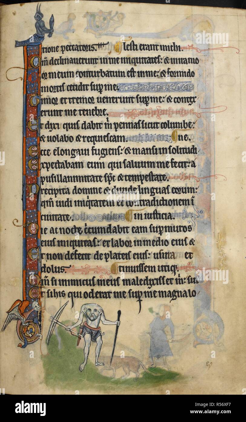 Texte ; à pied de folio, un blemmyae. Le Rutland Psautier. c. 1260. Source : ajouter. 62925, f.57. Langue : le latin. Banque D'Images