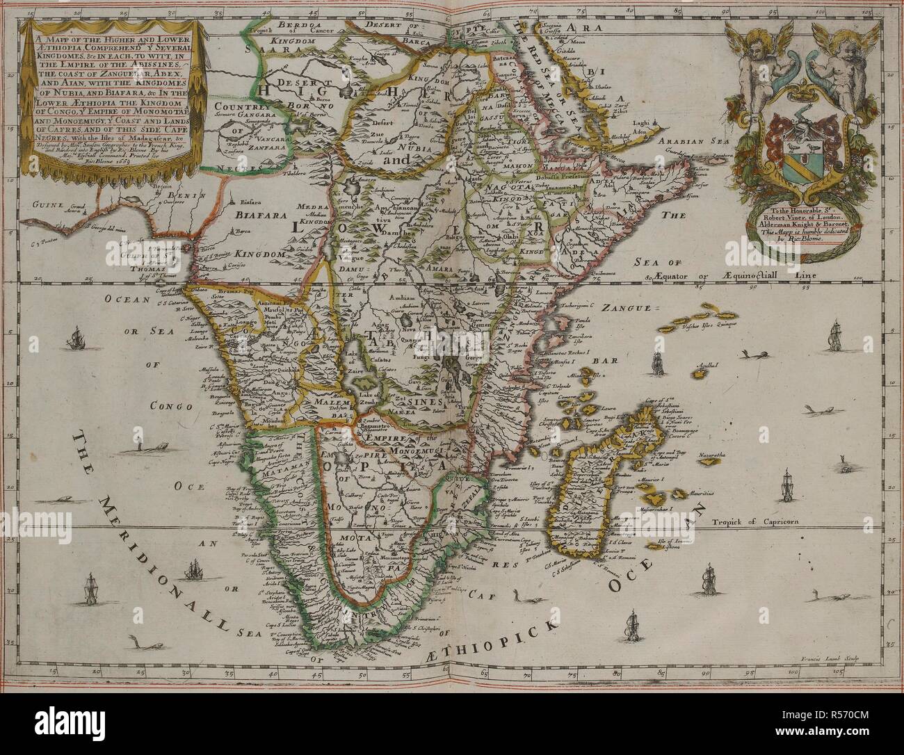 Carte de l'Afrique, 17e siècle. Un mapp supérieur et inférieur de l'Alcatraz. Vous comprendre plusieurs kingdomes. &C dans chaque . . . / Conçu par Mons[ieu]r. Sanson . . .  ; Rendred [ !] en anglais par Ric : Blome . . . 1669 ; Francis Sculptures d'agneau. Londres : Imprimé pour Richard Blome, 1669. Source : C.39.d.2 page 52-53. Banque D'Images