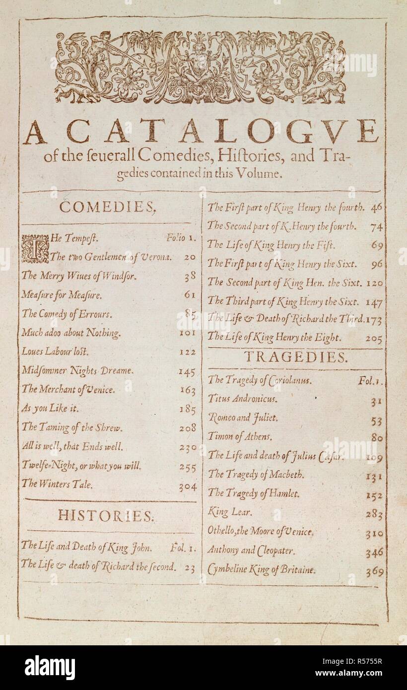 Une page de catalogue. Premier Folio. M. William Shakespeares Comedies, Hi. Isaac et Iaggard Ed. Blount, Londres, 1623. Une page de catalogue énumérant toutes les parties. Image prise à partir du premier Folio. M. William Shakespeares Comedies, Histories, & tragédies. Publié à l'origine/produit dans Iaggard Isaac et Ed. Blount, Londres, 1623. . Source : G.11631,. Langue : Anglais. Banque D'Images