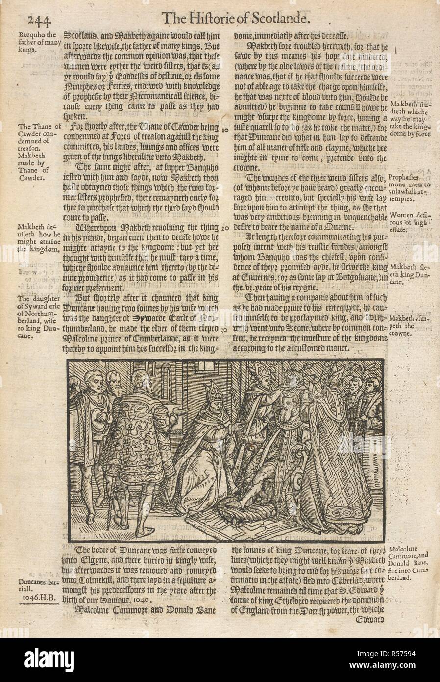 Sur cette page, les Chroniques décrivent la création de Macbeth, thane de Cawdor et Duncan proclamant Malcolm en tant que son héritier au trône. La gravure sur bois montre . Le volume des chroniques firste de l'Angleterre, Scotlande, et d'Irelande, conteyning la description et les chroniques d'Angleterre, à partir du premier habitant à la Conquête. La description et les chroniques de l'Écosse, de la première nation de l'originall Scottes, jusqu'à l'année 1571. La description et les chroniques d'Yrelande, du firste originall, jusqu'à l'année 1547. (Le volume laste ... conteyning les chroniques de Englande de W Banque D'Images