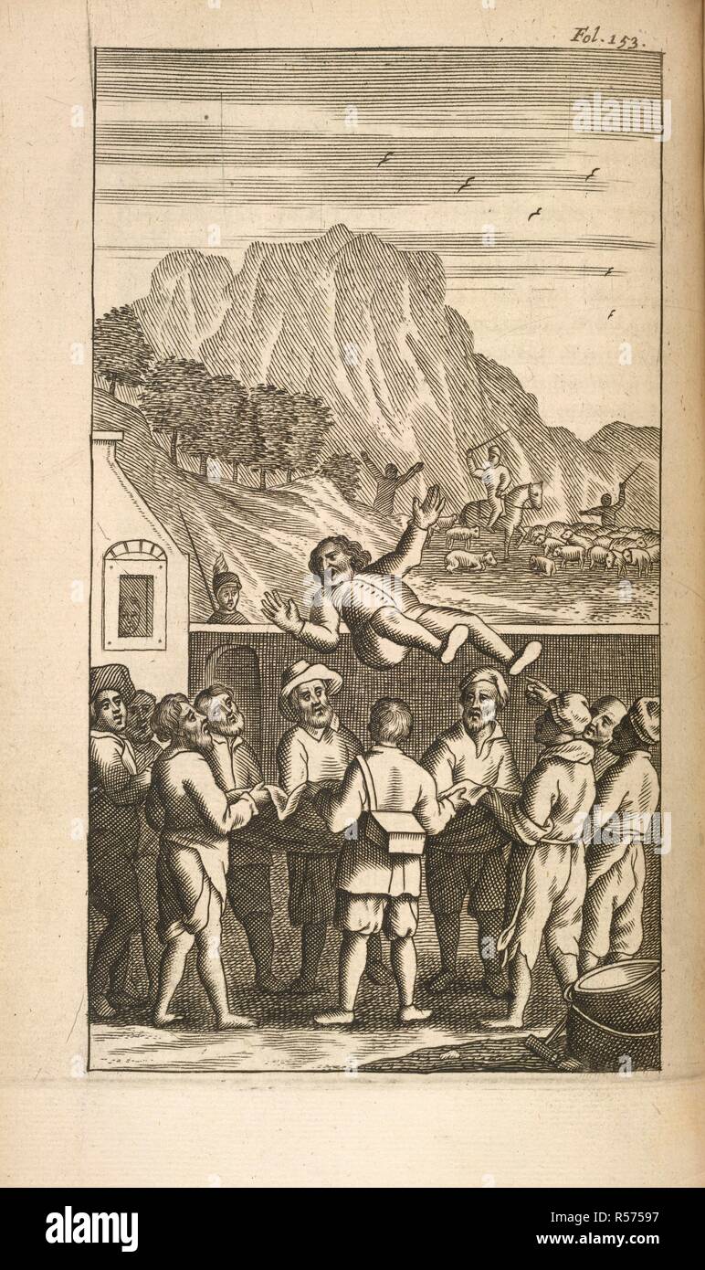 Sancho Panza. Vida y hechos del Ingenioso Cavallero Don Quichotte. Mommarte : Bruselas, 1662. Sancho Panza être jeté en l'air à l'extérieur de l'inn. Image prise de Vida y hechos del Ingenioso Cavallero Don Quichotte de la Mancha Nueva edicion, coregida y ilustrada con differentes estampas, etc.. Publié à l'origine/produit en Mommarte : Bruselas, 1662. . Source : 678.b.18 volume 1, en face de 153. Auteur : Saavedra (Cervantes), Miguel de. Savery, Jacob. Banque D'Images
