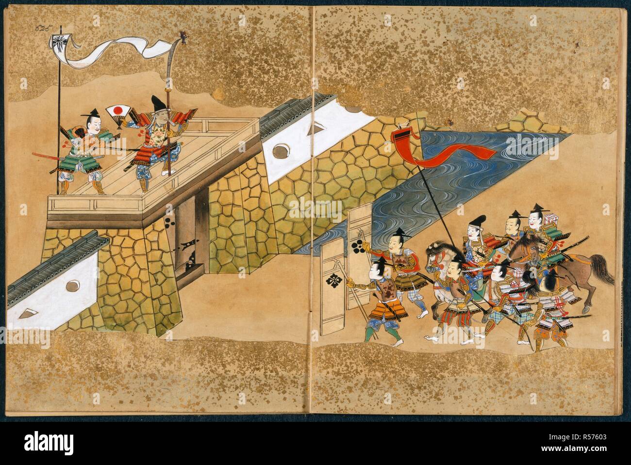 Attaque de samouraï. La vie de Yoshitsune. Le Japon, c.1600-1650. Les remparts de samouraï qui assiègent un manuscrit enluminé illustrant la vie du chef militaire japonais Minamoto no Yoshitsune (1159-1189). Image prise à partir de la vie de Yoshitsune. Publié à l'origine/produit au Japon, c.1600-1650. . Source : Ou. 2346, ff.524V-525. Langue : japonais. Banque D'Images