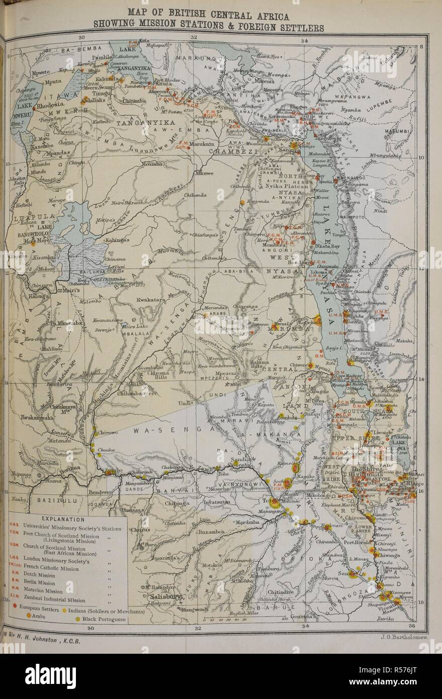 Carte de l'Afrique centrale britannique montrant stations missionnaires et colons étrangers. L'Afrique centrale britannique ... Avec six cartes et 220 illustrations, etc. Londres : Methuen & Co., 1897. Source : 2358.h.9 en face de la page 393. Banque D'Images