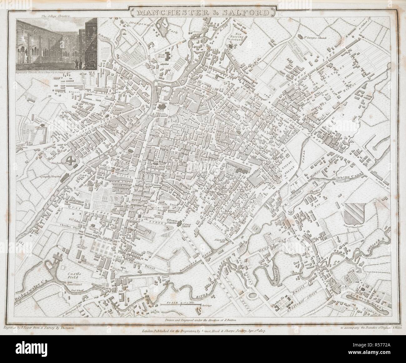 Un plan de Manchester et Salford. Manchester et Salford. Échelle, 1/4 de mile[  = 25 mm.] ... Gravée par J. Roper, à partir d'une enquête réalisée par Thornton ... 1807. Londres : Vernor, Hood, et Sharpe, 1810. Source : Maps 11.b.3, page 74. Langue : Anglais. Banque D'Images
