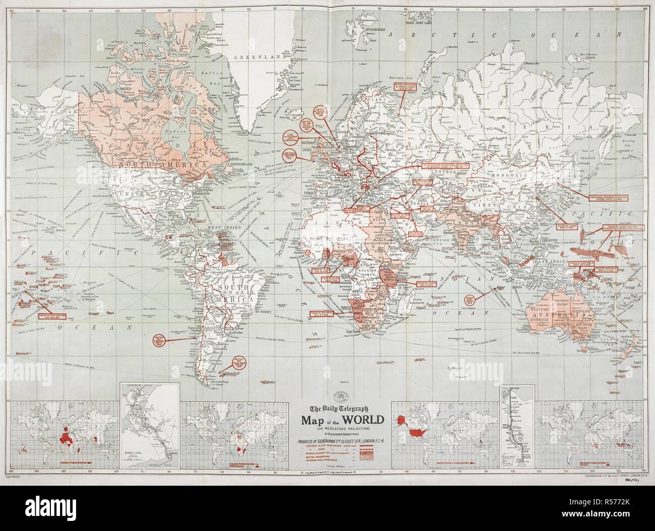 Le Daily Telegraph carte du monde ... Par Alexander Gross, F.R.G.S. Le Daily Telegraph carte du monde ... Par A. Gross, etc. (The Daily Telegraph, n° 2 de la Conférence de paix, carte du monde, etc). Londres : 'Geographia', [1918]. 980 x 710 mm. Source : Maps.950.(170). Banque D'Images