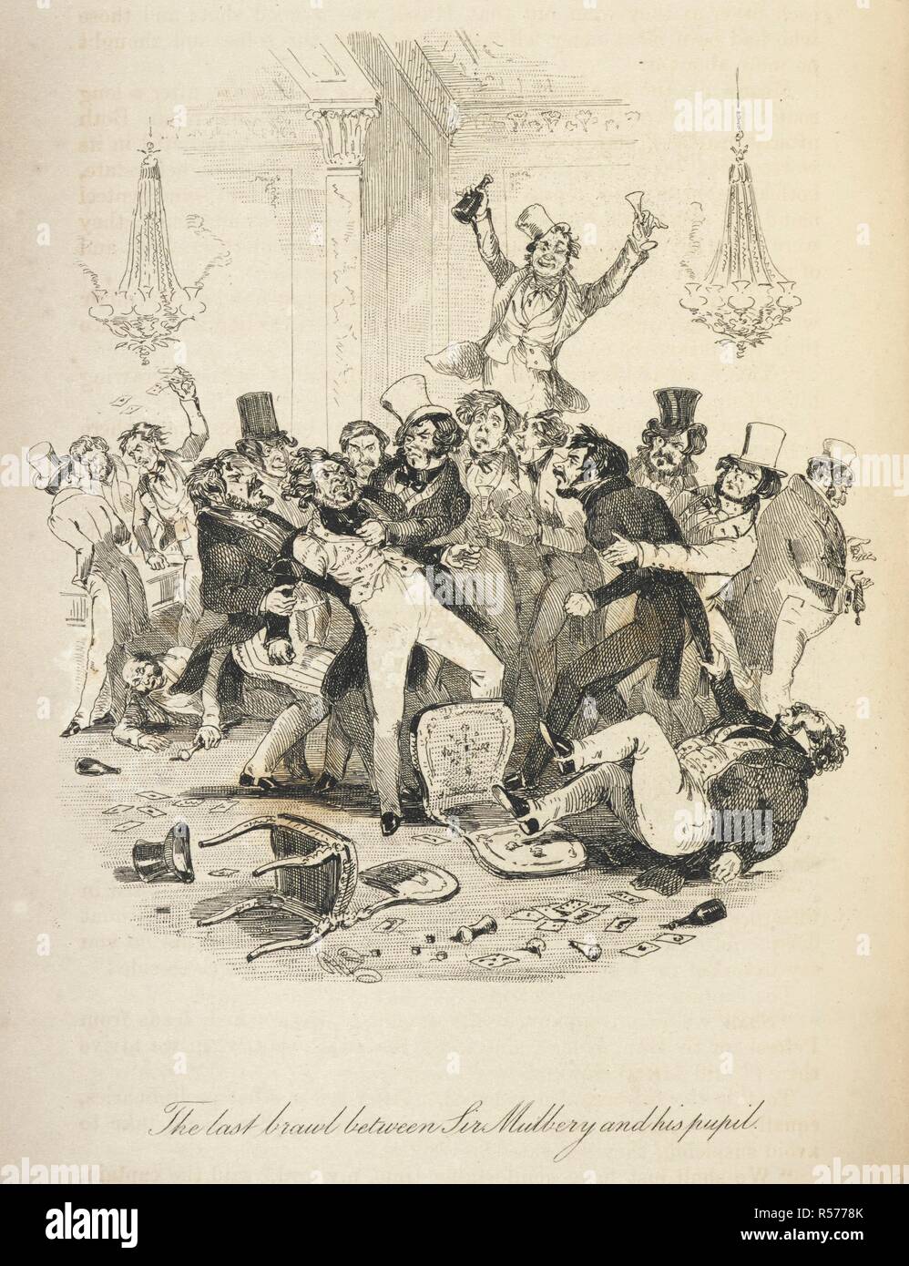 Illustration avec le titre "La dernière bagarre entre Sir Mulberry et son élève". Une grande foule de personnes invoved dans un combat. La vie et les aventures de Nicholas Nickleby ... Avec des illustrations de Phiz [et un portrait de l'auteur par D. Maclise]. London : Chapman & Hall, 1839 [1838, 39]. Source : C.58.i.4 vers la page 501. Langue : Anglais. Auteur : DICKENS, CHARLES. Hablot Knight Browne Phiz. Banque D'Images
