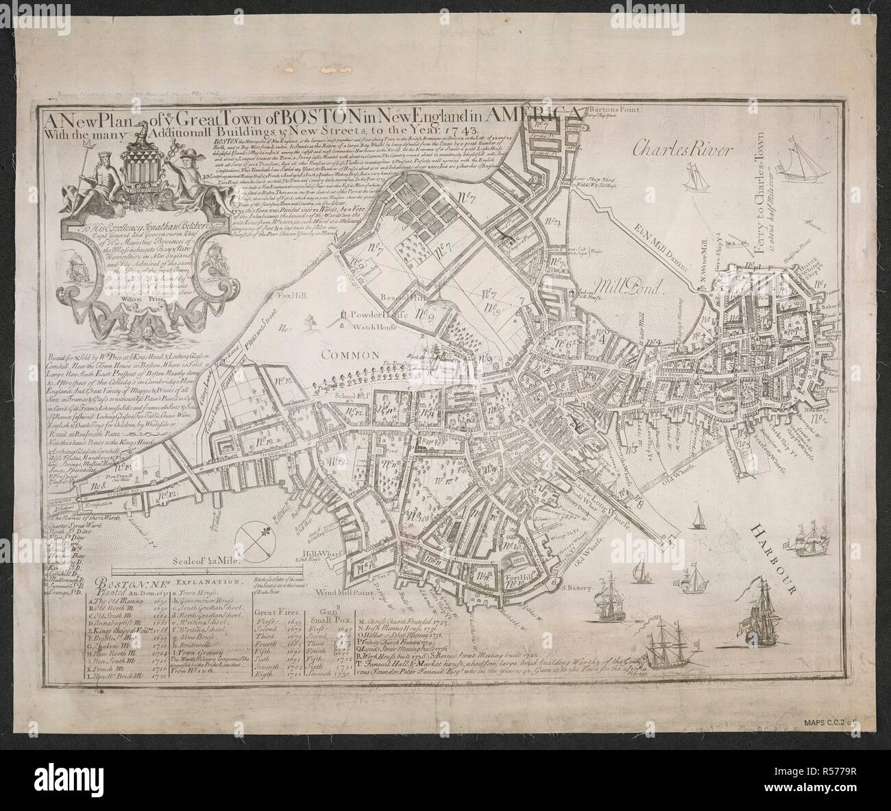 Un 18e siècle site/plan de Boston, la Nouvelle Angleterre. Un nouveau plan d'ye grande ville de Boston en Nouvelle Angleterre en Amérique avec les nombreux bâtiments additionall & nouvelles rues à l'année 1743. Boston : Imprimé pour et vendu par Wm : à ye Kings Head, & à la vitre, dans Cornhill ..., [1743]. 1 carte ; 44x60cm. Source : Maps.CC.2.c.5. Auteur : Bonner, John. Banque D'Images