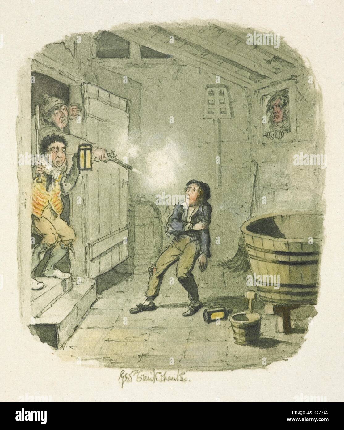 Le cambriolage. Ce croquis est conçu comme une sorte de page de titre à la vingt-cinq dessins couleur de l'eau, etc. 1894. Vingt-six plaques. Preuves en couleur illustrations utilisées dans le Chapman & Hall 1895 édition du oeOliver Twistâ «€ MS. inscription par Joseph Grego. Source : dex.297.(2) planche 11. Auteur : DICKENS, CHARLES. CRUIKSHANK, GEORGE. Banque D'Images