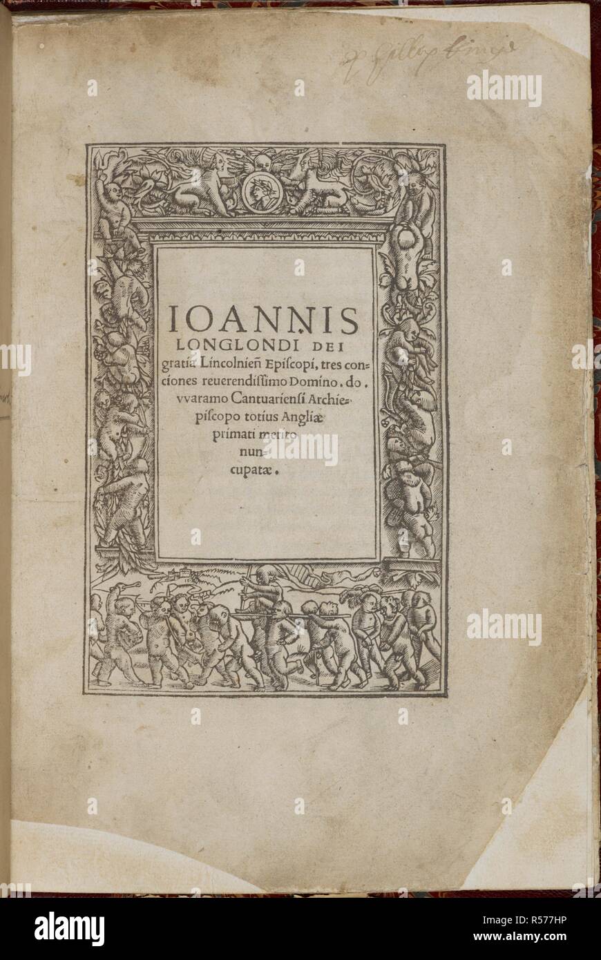 Page de titre de "Quinque sermones' avec une gravure sur bois frontière. J. Longlondi ... Tres Conciones, etc. (Quinque sermones J. Longlondi ... habiti coram illustrissimi regis Henrici octavi ... summa majestate, etc.) [traduit de l'anglais par T. Caius ?] 109 ff... R. Par Pynsonum : [Londres, 1527 ?]. Source : C.40.g.5, page de titre, sig. [A1]. Banque D'Images