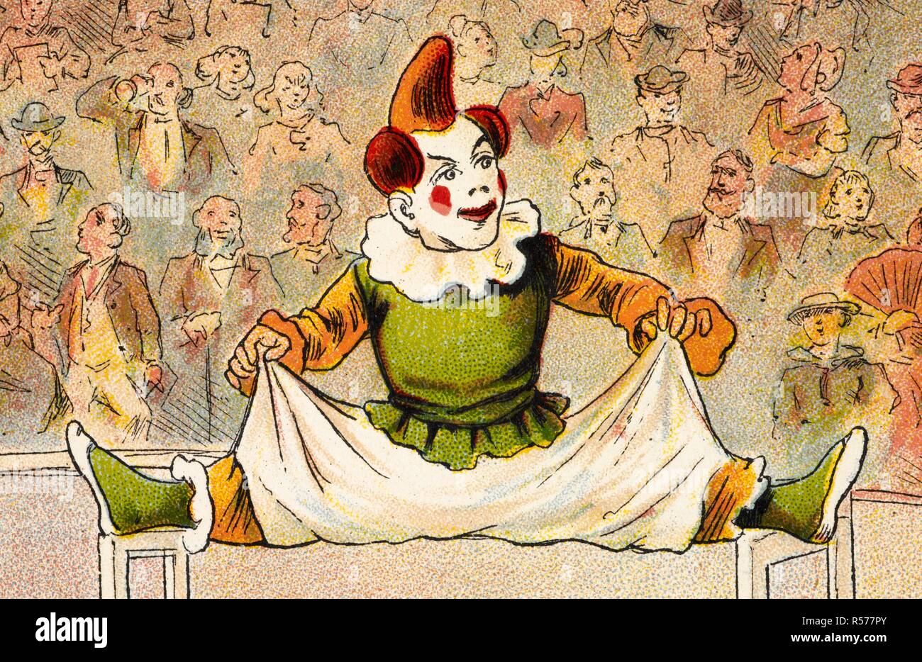 Un clown de l'équilibre entre deux chaises. Le Cirque d'adresses. [Photos pour les enfants.]. G. Routledge & Sons : [Londres, lithographiés en Hollande, 1890.]. Source : 12807.s.62 page 4 détail. Langue : Anglais. Auteur : ANON. Banque D'Images