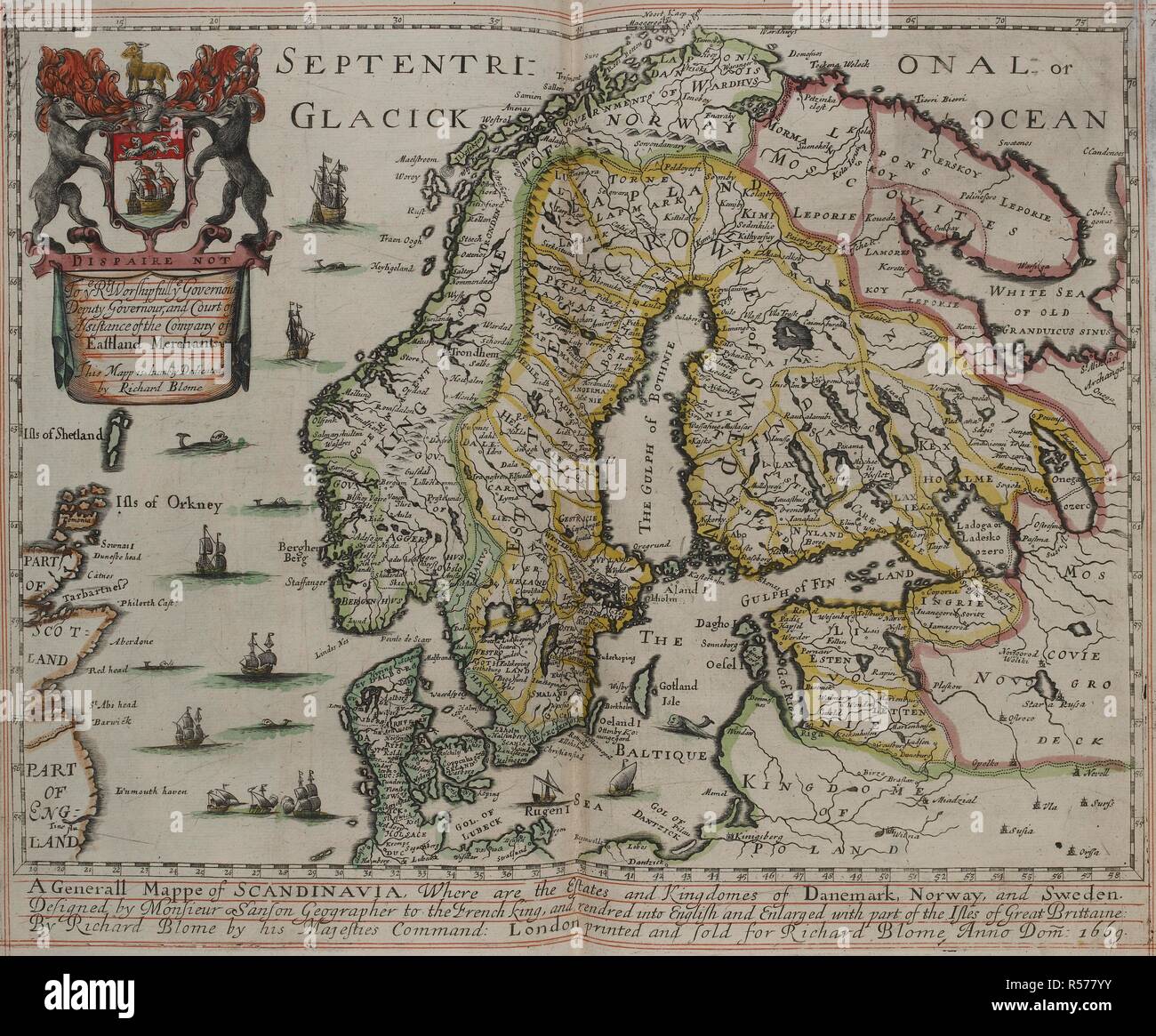 La carte de la Scandinavie, 17e siècle. Une mappe generall de Scandinavie, où sont les successions et Kingdomes de Danemark, Norvège et Suède / Conçu par Monsieur Sanson . . .  ; Rendred [ !] en anglais et agrandi avec une partie des îles de grande Brittaine : par Richard Blome . . . 1669. Londres : Imprimé pour Richard Blome, 1669. Source : C.39.d.2 pages 78-79. Banque D'Images