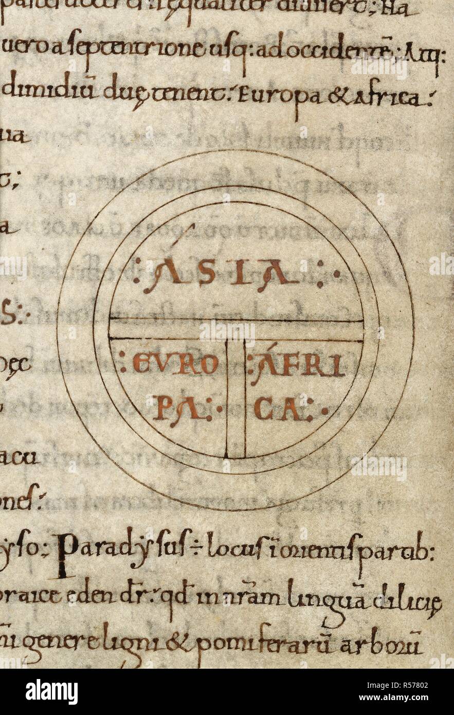 T-O carte schématique. Le monde décrit comme un cercle divisé par une forme de 'T' en trois continents, Asie, Europe et Afrique. Étymologies. 11e siècle. Source : Royal 6 C. I, f.108v. Langue : le latin. Auteur : Isidore, Saint, évêque de Séville. Banque D'Images