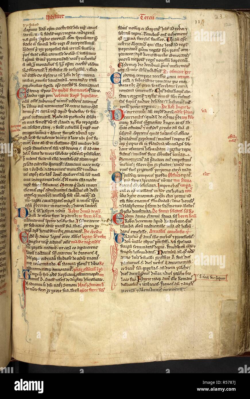 La main de Dieu bénédiction tête du roi, avec une note 'Note protectionem dei' se référant à une tentative de tuer Henry III à Woodstock. (Dans la marge.). Historia Anglorum. c 1250-1259. Source : Royal 14 C. VIII, f.128. Langue : le latin. Auteur : PARIS, Matthieu. Banque D'Images