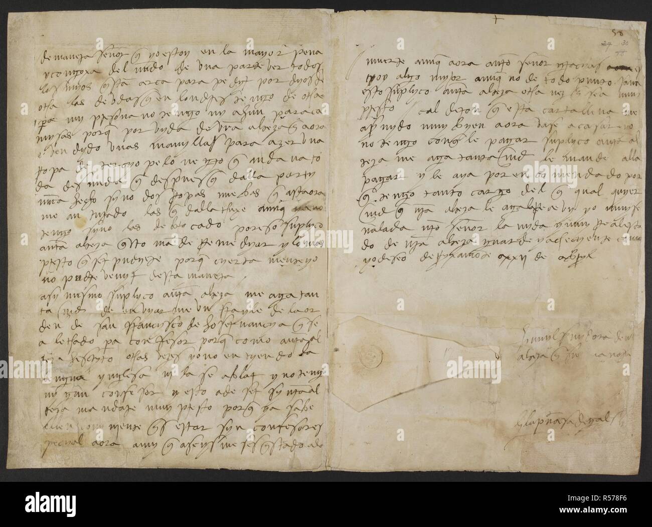 Lettre autographe de Katherine de AragÃ³n à son père Ferdinand, décrivant ses épreuves comme la princesse douairière de galles et le suppliant de l'argent pour payer ses fonctionnaires, le 22 avril 1506 . Les originaux des lettres d'illustration de l'histoire de l'Angleterre et l'Espagne. c. 1386-1662. Source : Egerton 616, ff.29V-30. Banque D'Images